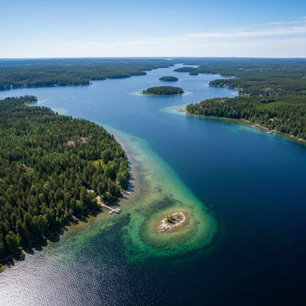 Flygfoto över Sommen sjö i Östergötland med 365 öar och kristallklart vatten