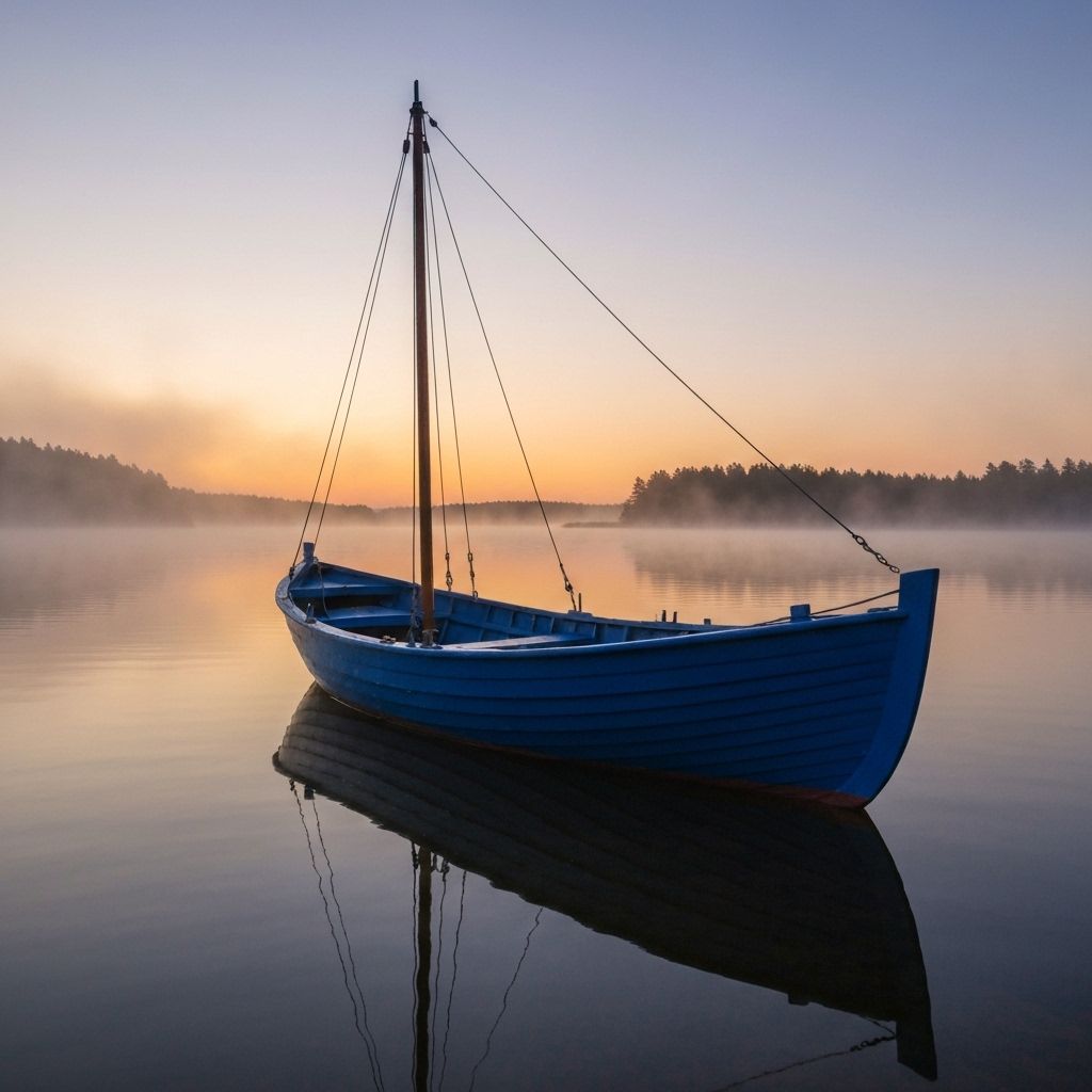 Fiskebåt på lugnt vatten i Sommen under morgonen