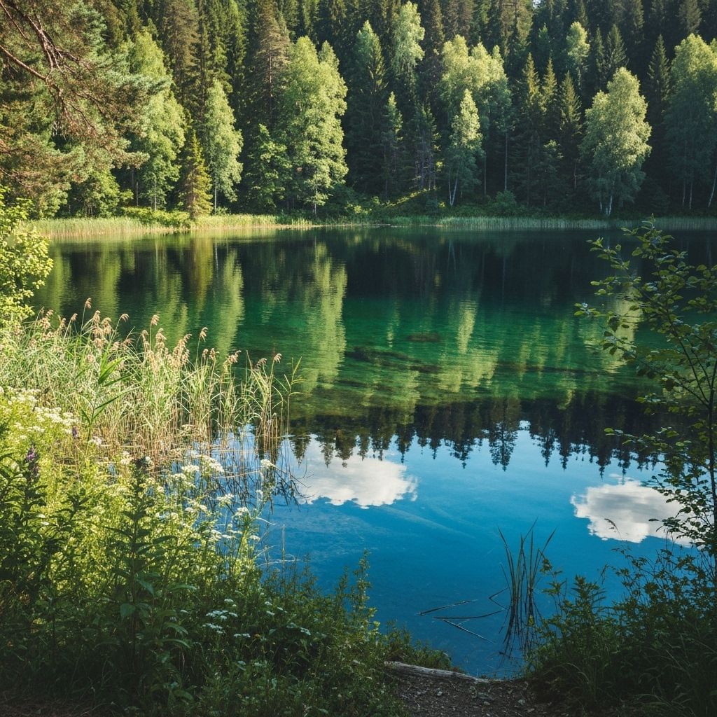 Sommen sjö med kristallklart vatten omgiven av svensk natur och skog