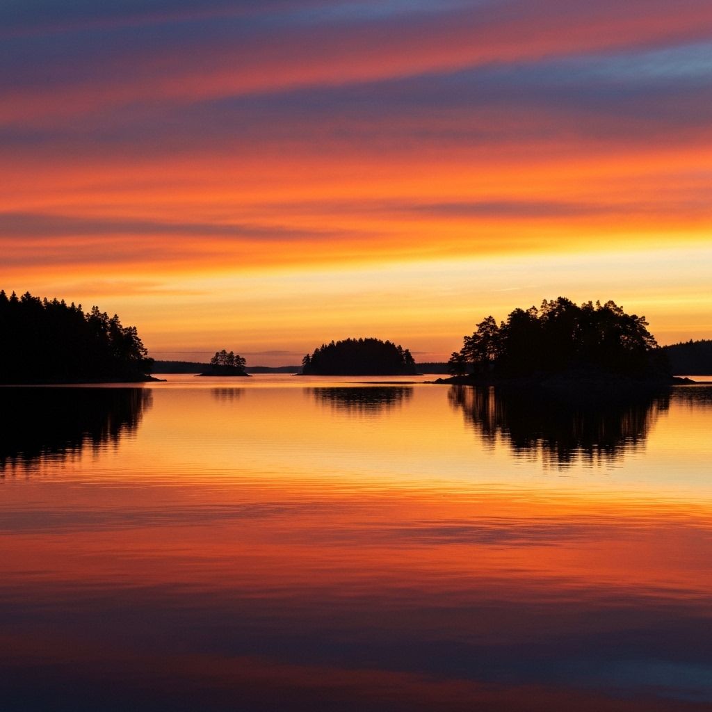 Solnedgång över Sommen sjö med öar i silhuett, Östergötland