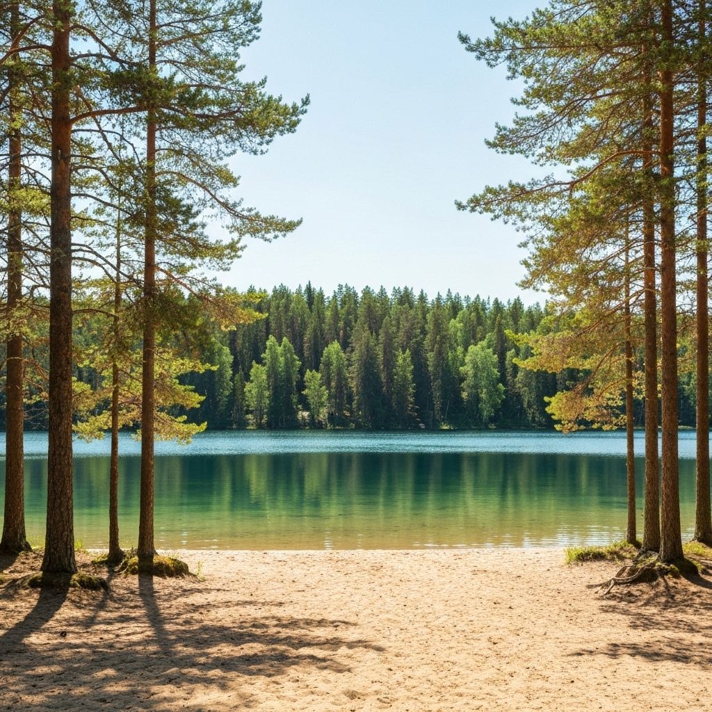 Badstrand med tallskog vid Sommen sjö